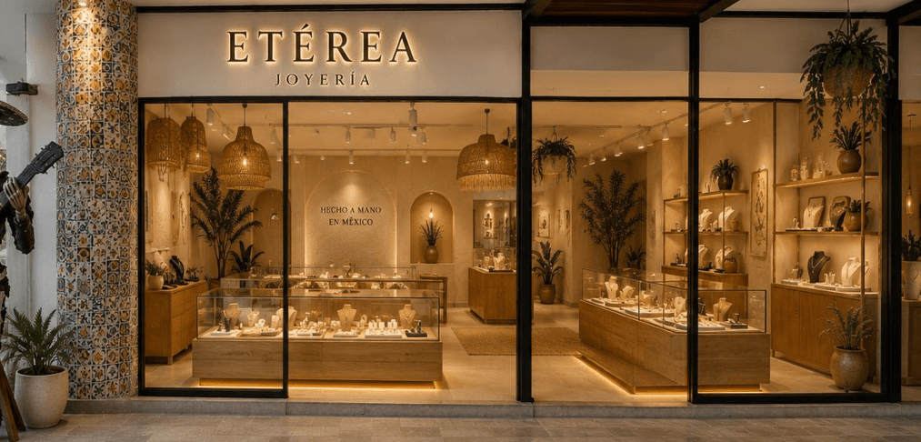 möA jewelry boutique in Playacar with warm interior lighting