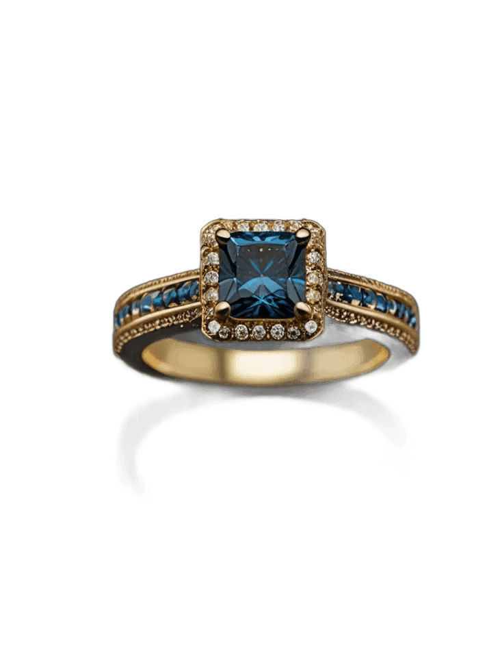 Yellow gold ring with a blue princess-cut stone and diamond halo